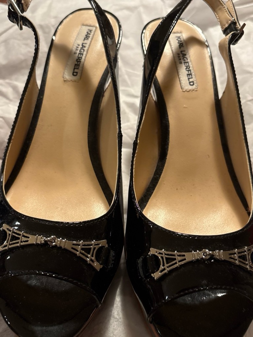 Karl Lagerfeld Black Patent Peep-Toe Slingback Heels with Silver Eiffel Charm
